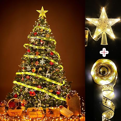 Photo 1 of 32.8FT 100LED Ribbon Christmas Lights + 7 Inch Christmas Star Tree Topper, Battery Powered Copper Wire Ribbon Bows Lights, Fairy String Christmas Tree Lights for Xmas/Holiday/Winter Home Decorations