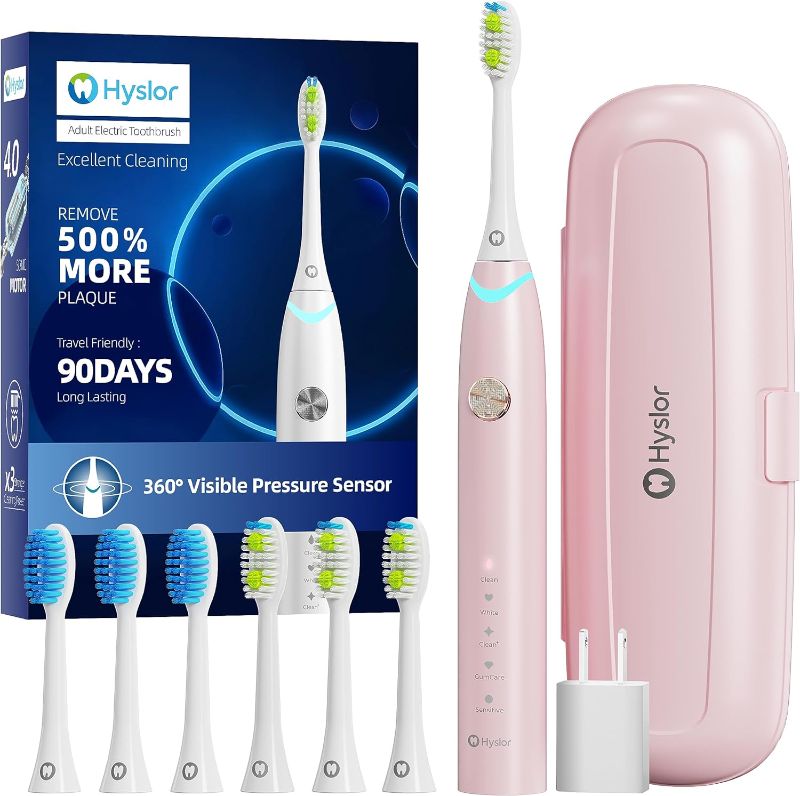 Photo 1 of Hyslor Electric Toothbrush for Adults with Pressure Sensor, Rechargeable Power Tooth Brush for Gum Health, Sonic Electric Toothbrushes with Timer, Travel Case, Cover, Charger (Pink)
