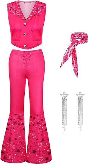Photo 1 of ZFQI Cowgirl Costume Outfit Women Adult 70s 80s Hippie Disco Halloween Costume Pink Flare Pant Movie Western Cosplay 