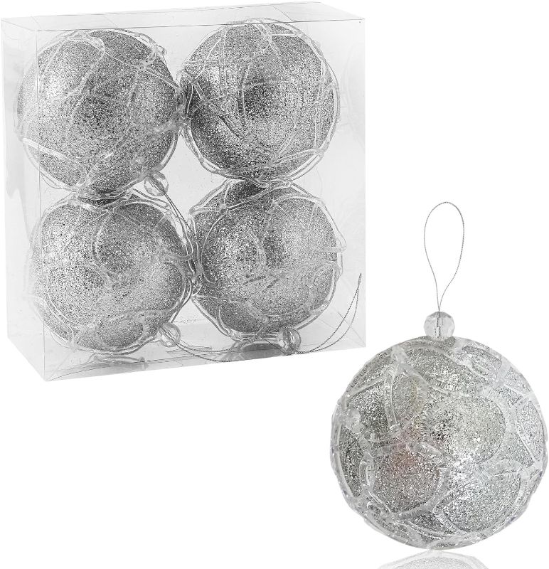 Photo 1 of ZHANYIGY 4.25" Christmas Ball Ornaments 4pc Set Silver Christmas Decorations Tree Balls for Xmas Trees Wedding Party Holiday Decorations Tabletop Small Trees Decoration