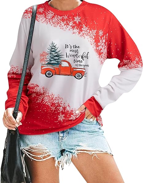 Photo 1 of Christmas Sweatshirts for Women Merry and Bright Sweatshirt Christmas Trees Graphic Long Sleeve Crewneck Pullover Top size M 