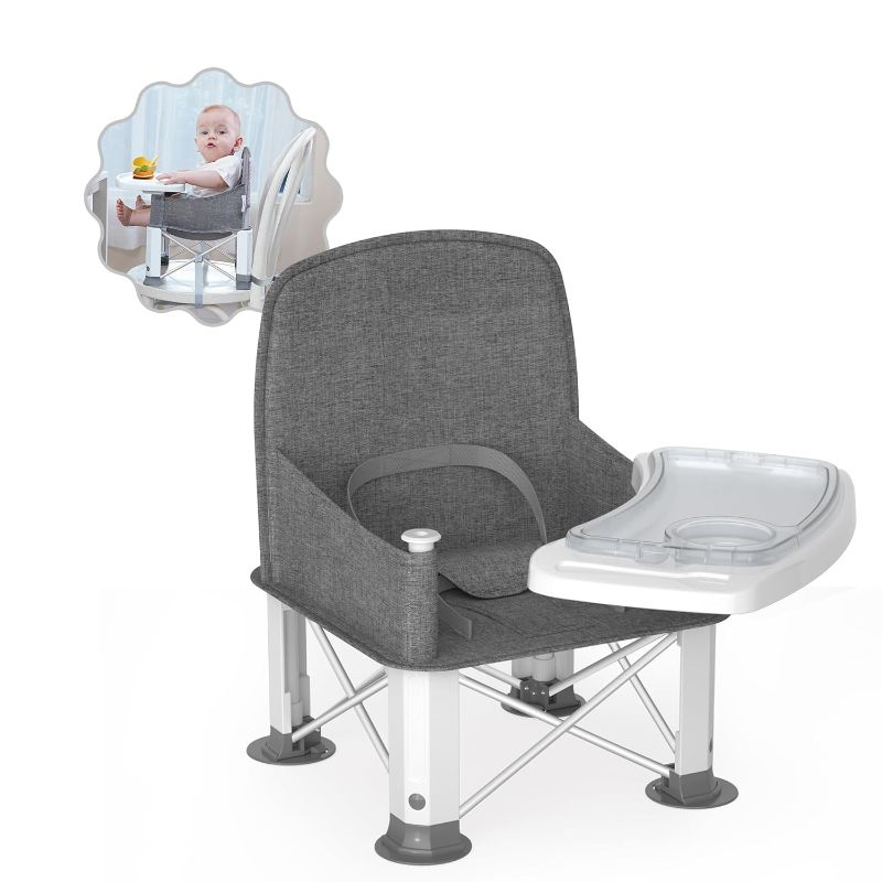 Photo 1 of Baby Travel Booster Seat with Double Tray, BabyBond Upgraded Toddler Portable Baby Chair, Booster Seat for Dining Table, Stable and Foldable Booster Baby Chair for Indoor/Outdoor (Grey)