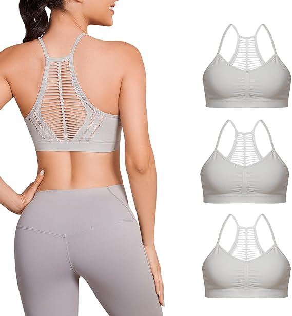 Photo 1 of FeinYee 3 Pack Women’s Sports Bra Set,V-Neck Racerback Padded Backless Thin Strappy Workout Yoga Bra Tops Low Impact Size L 