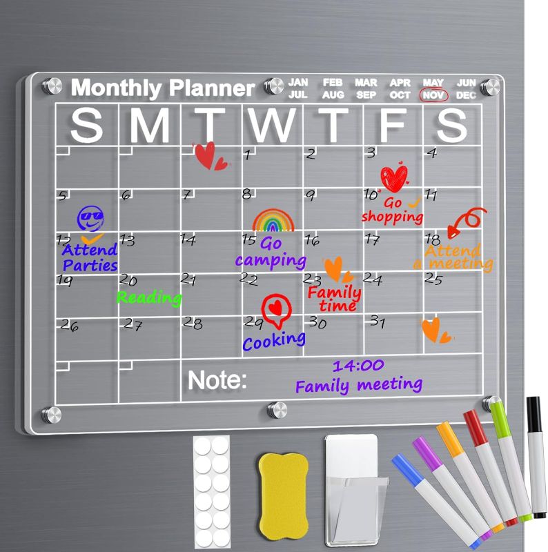 Photo 1 of Yirilan Acrylic Calendar for Fridge, Clear Dry Erase Board for Refrigerator, 16"X12" Magnetic Calendar Includes 6 Colors Markers 