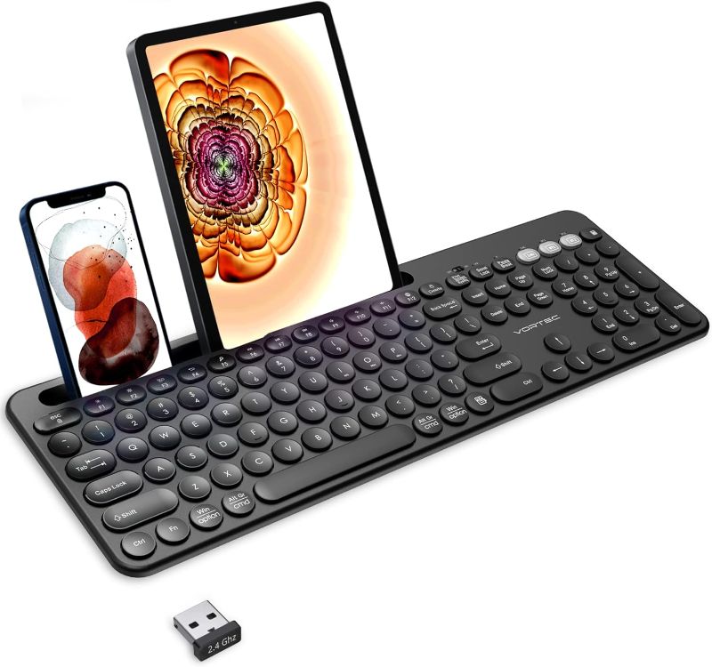 Photo 1 of Vortec Rechargeable Bluetooth Wireless Multi Device Keyboard | Connect 3 Devices Simultaneously | Compatible with iPad, iPhone, Android Phone & Tablet, Mac, PC (Black)