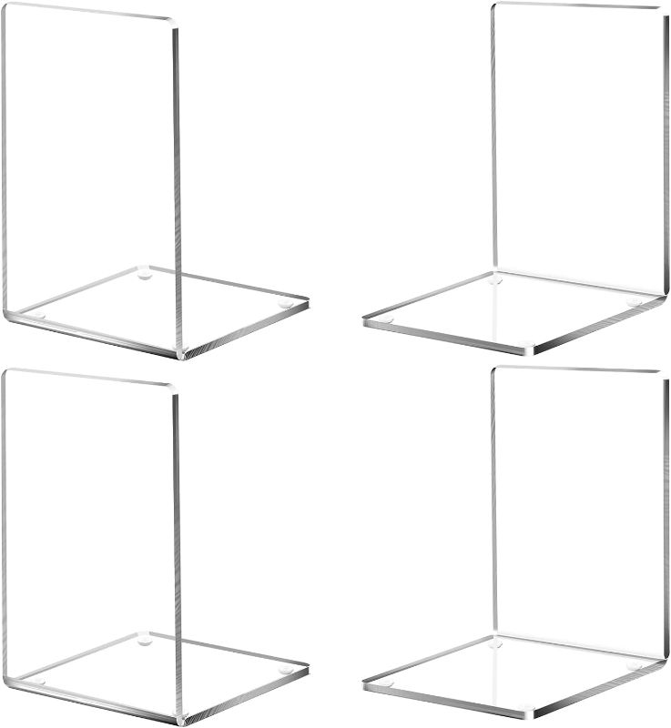 Photo 1 of HappyHapi Book Ends Acrylic Bookends for Shelves, Clear Book Holder Stand, Non-Skid Decorative Bookend, Study Book Organizer for Home Library Office, 5 x 5 x 7.3 in (2 Pair/4 Pcs, Large) 