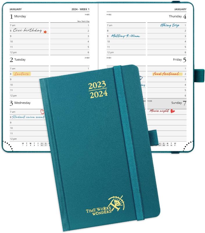 Photo 1 of POPRUN Small Planner 2023-2024 (4''x 6.25'') Pocket Size Academic Year Calendar Daily Weekly and Monthly (July 23-June 24) with Hourly Time Slots, Hard Cover, 100 GSM Paper - Pacific Green
