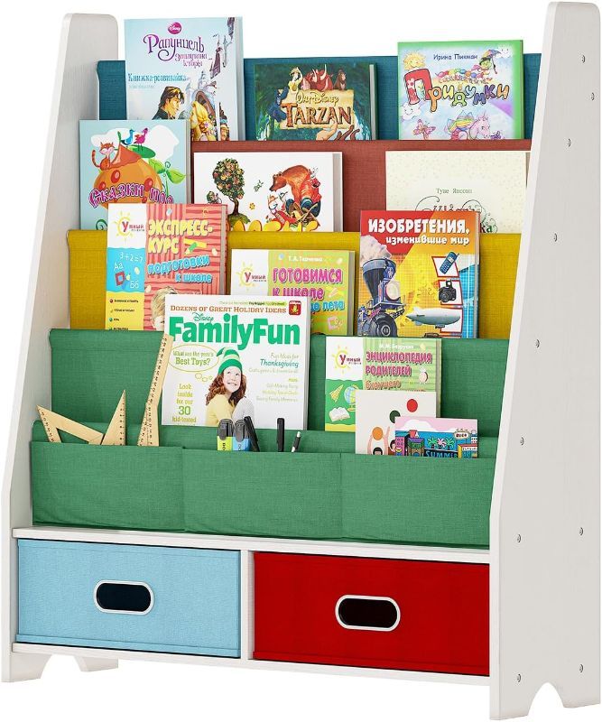 Photo 1 of SEIRIONE Kids Book Rack 4 Sling Bookshelf 2 Cube Bins for Toys Organizer Shelves Beige 27.6x11x34 Inches