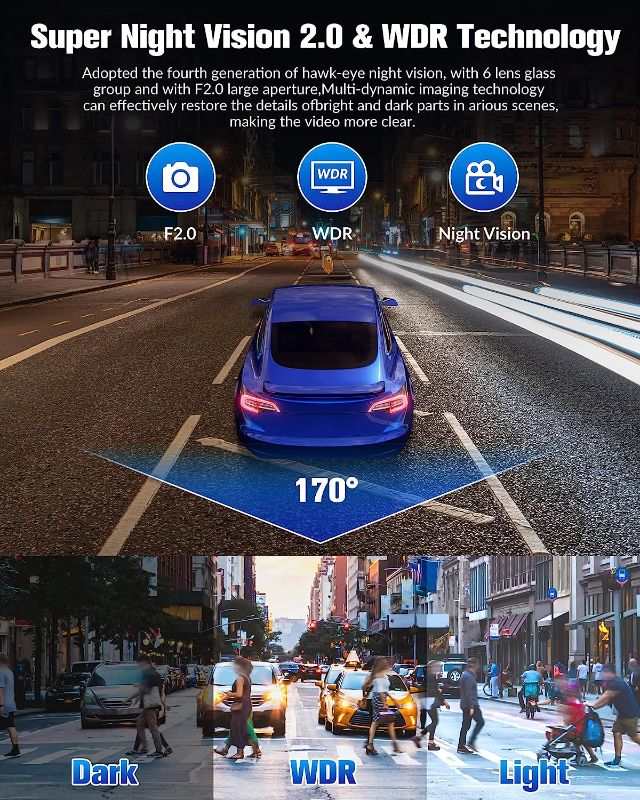 Photo 2 of Dash Camera for Cars,4K Full UHD Car Camera Front Rear with Free 32GB SD Card,Built-in Super Night Vision,2.0'' IPS Screen,170°Wide Angle,WDR, 24H Parking Mode, Loop Recording.
