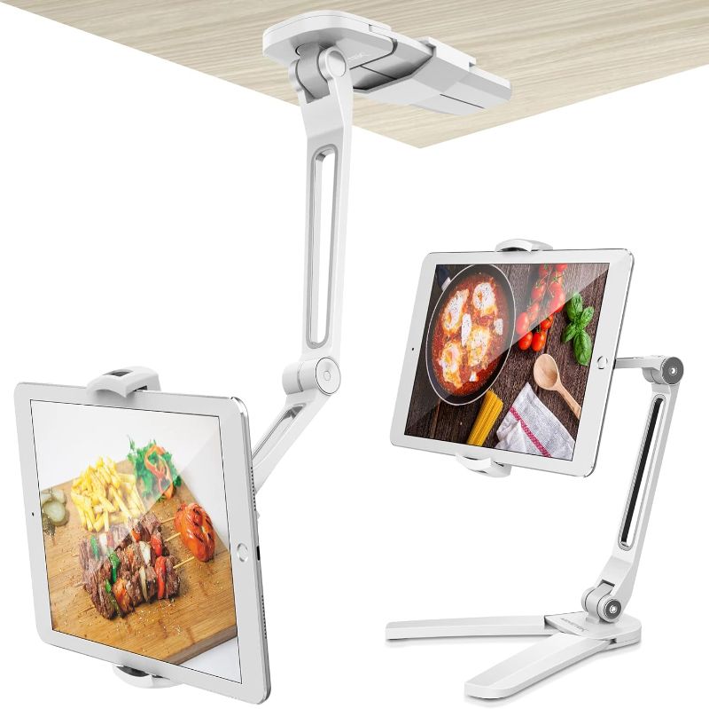 Photo 2 of AboveTEK Under Cabinet iPad Mount, 3 in 1 Highflex 360° iPad Wall Mount for Kitchen, Tablet Celling Under Counter Holder, Kitchen iPad Stands Fits 4.7" to 13.5" iPad, Mini, Air, Surface Pro - White 