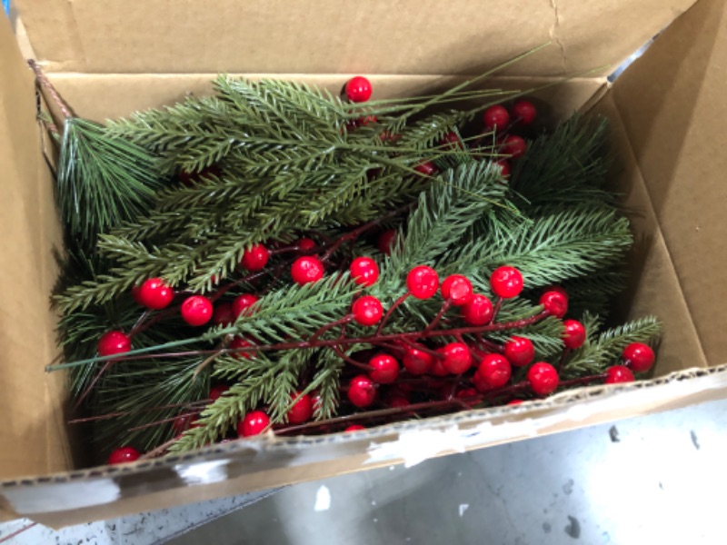 Photo 2 of 60 Pcs/Set Christmas 3D Artificial Pine Branches- 12.5 Inch Faux Evergreen Cedar Sprigs Branches- Fake Foliage Pine Needles Picks with Artificial Red Berry Stems for DIY Christmas Decoration 