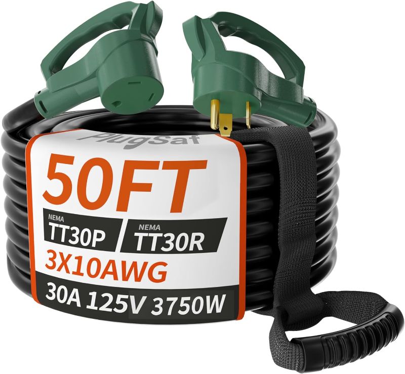 Photo 1 of 40 FT 30 Amp RV Extension Cord Outdoor with Grip Handle, Flexible Heavy Duty 10/3 Gauge STW RV Power Cord Waterproof with Cord Organizer, NEMA TT-30P to TT-30R, Black-Green, ETL Listed PlugSaf 