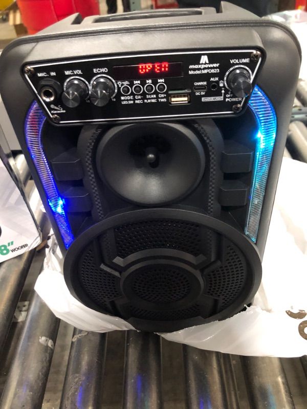 Photo 2 of Max Power Portable Speaker - MPD823 Bluetooth Speaker System - High Powered PA Loudspeaker - Rechargeable Karaoke Machine with Multi LED Lights, Wired Microphone and Built-in Carry Handle & FM Radio