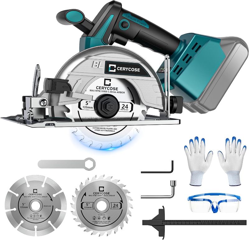 Photo 1 of 5'' Cordless Circular Saw for Makita 18V Battery, Brushless, 6000 RPM, Max Cutting Depth 1-1/8" 45 °Bevel 1-11/16" (90 °), 2 Saw Blades for Wood, Plastic, Soft Metal, Tile Cuts (NO Battery Included)