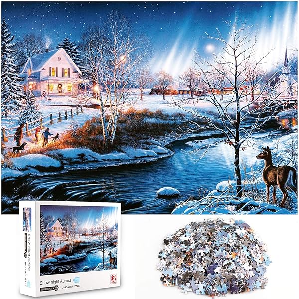 Photo 1 of Christmas Puzzles for Adults 1000 Piece Snow Jigsaw Puzzle Gift Floor Puzzle Brain Challenge Educational Family Game Snow Night Aurora for Kids Teen