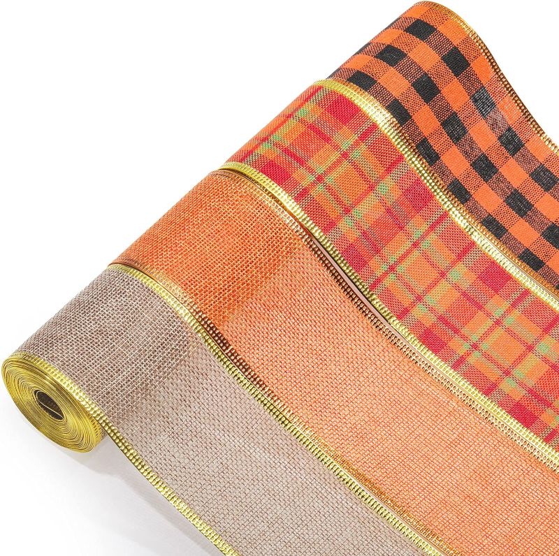 Photo 1 of 4 Rolls Fall Theme Wired Edge Ribbons Orange Buffalo Plaid Ribbons Autumn Thanksgiving Halloween Wrapping Ribbons for DIY Crafts Floral Bows Home Decorations