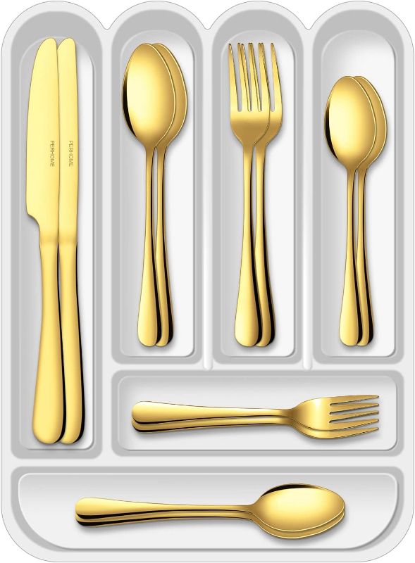 Photo 1 of 48 Pieces Gold Silverware Set with Organizer, Durable Stainless Steel Cutlery Set for 8, Eating Utensils Sets for Kitchen, Hotel and Restaurant, Including Fork Knife Spoon Set, Dishwasher Safe
