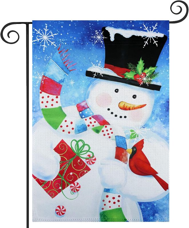 Photo 1 of 3 ESTTOP Winter Garden Flag, Snowman & Gifts Polyester Vertical Double Sided 12.5x18 Inch Yard Flag, Cardinal Outdoor Christmas Decorations Farmhouse Decor 