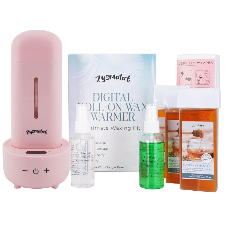 Photo 1 of ZYSMALAT Roll On Wax Warmer Kit - Waxing Kit with LED Digital Display Wax Warmer 3 Cartridge Refills Pre Wax & Post Wax Oil Spray, Hair Removal Wax for Men & Women to Remove Body Hair at Home (Pink) 