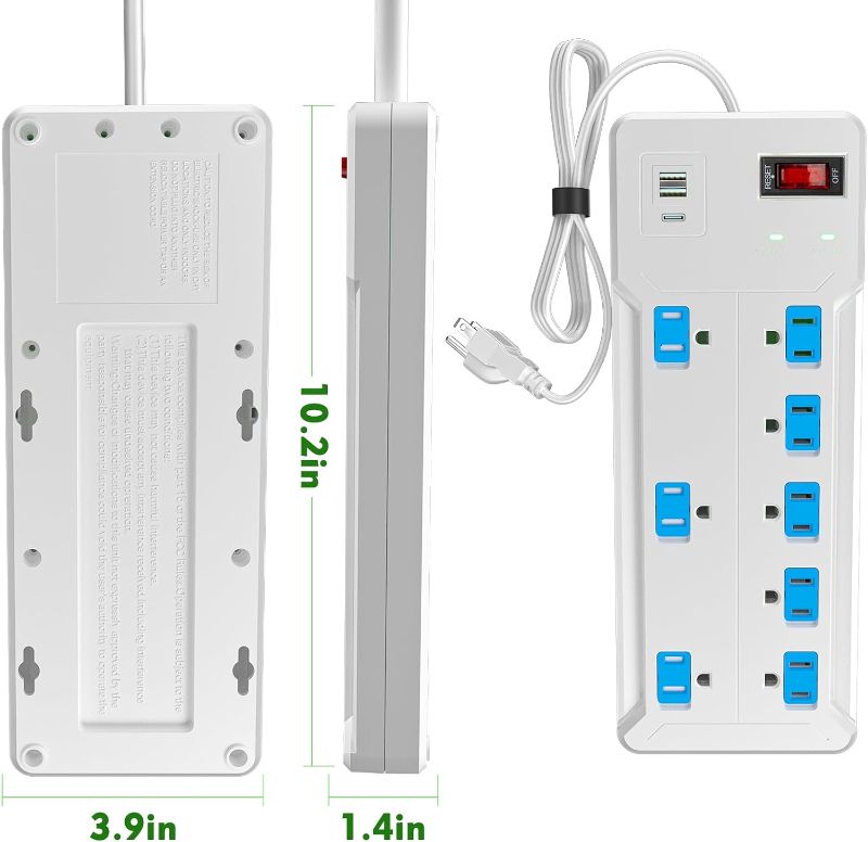 Photo 2 of 2 pack ETL Listed Power Strip, Colourful Surge Protector Power Strip with 8 Outlets,2 USB & 1USB C, 6FT Extension Cord Power Strip Surge Protector with 1875W/15A, 1700J, Safety Child Covers-2Pack