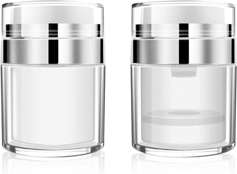 Photo 1 of 2 pack Airless Pump Jar, 2 Pieces Moisturizer Pump Dispenser, Refillable Cosmetic Jars Airless Pump Bottles, Leak-proof Empty Travel Size Cream Jar Vacuum Lotion Bottle Container (2 Pack) 