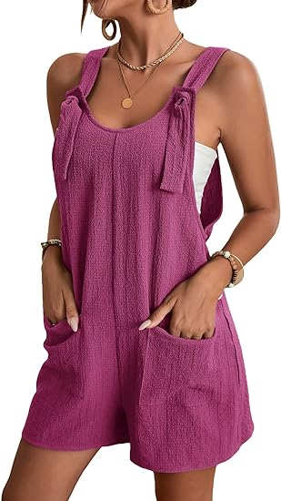 Photo 1 of Cozyease Women's Summer Shorts Overalls Rompers Sleeveless Jumpsuits with Adjustable Strap Knot Front Patched Pockets 