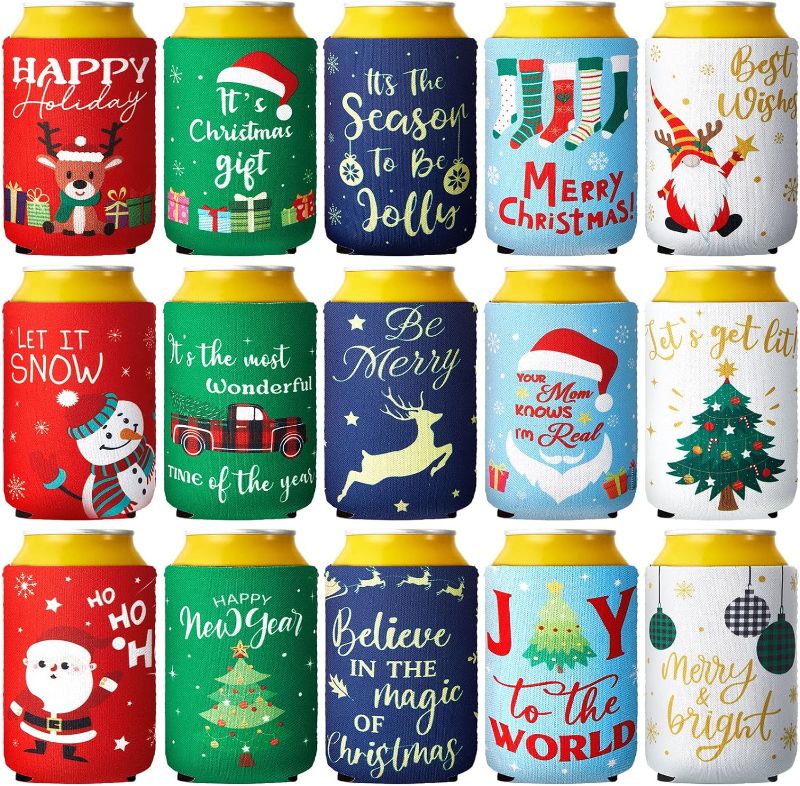 Photo 1 of 15 Pieces Christmas Neoprene Can Cooler Sleeves Xmas Holiday Can Insulated Covers Christmas Neoprene Bottle Sleeve Christmas Party Supplies for 12 oz Canned Beverages Drink Soda (5 x 4 Inch)