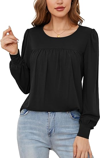 Photo 1 of ArtJuly Long Sleeve Tops For Women Puff Sleeve Crewneck Sweatshirt Pleated Shirts Loose Blouses Size L 