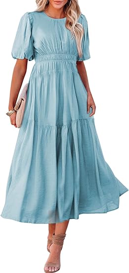 Photo 1 of AlvaQ Womens Casual Dresses Summer Crewneck Puff Sleeve Smocked Midi Dress High Waist Ruffle Flowy Tiered A Line Sundress Size M 