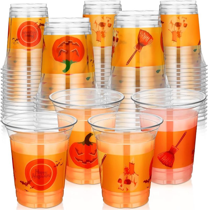 Photo 1 of 60 PCS 12oz Clear Halloween Cups Disposable Plastic Halloween Party Cups with Pumpkin Bat for kids Adults Halloween Party Decoration Trick or Treat Supplies Drinkware Beer Beverage Ice Cream Snacks 