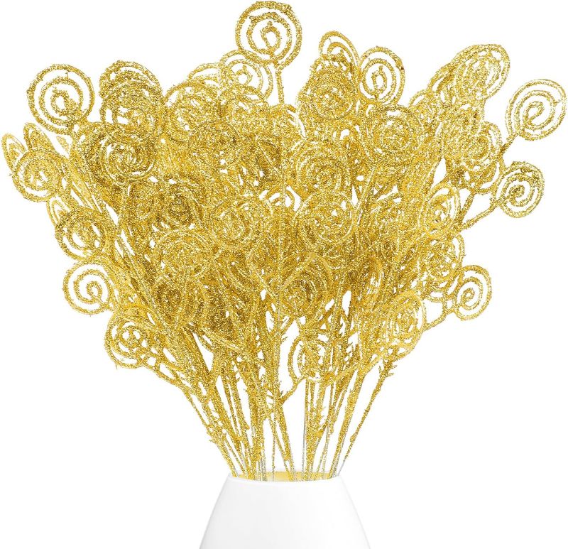 Photo 1 of 32 Pcs Gold Glitter Christmas Picks Christmas Tree Filler Branches, Candy Christmas Tree Sticks for Xmas Floral Picks Sprays Crafts Party Festive Home Tree Decorations 