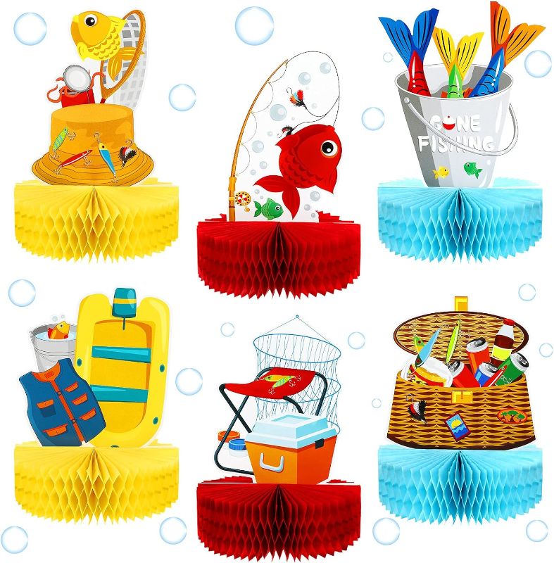 Photo 1 of 6 Pieces Gone Fishing Party Supplies Fishing Centerpieces Honeycomb Party Supplies 3D Fishing Decorations Paper Signs for Summer Little Fisherman Table Baby Shower Wedding Pool Party Decorations 