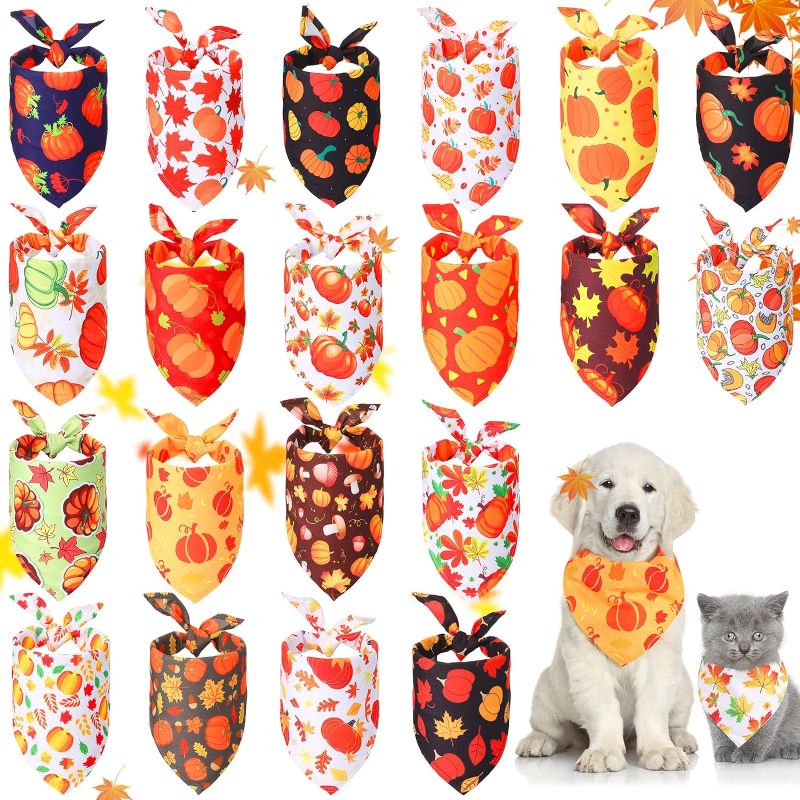 Photo 1 of 20 Pieces Fall Dog Bandanas Bulk Halloween Thanksgiving Dog Bandanas Pumpkin Turkey Triangle Bibs Adjustable Pet Scarf Neckerchief Holiday Bandana for Small Medium Large Dog Girl Boy(Pumpkin Pattern) 