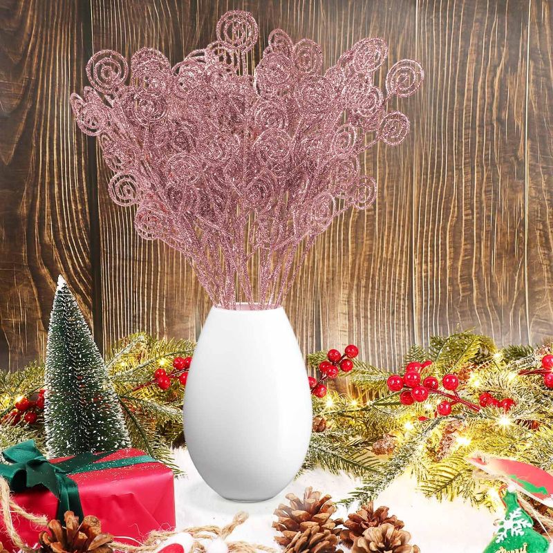 Photo 1 of 32 Pcs Rose Gold Glitter Christmas Picks Christmas Tree Filler Branches, Candy Christmas Tree Sticks for Xmas Floral Picks Sprays Crafts Party Festive Home Tree Decorations