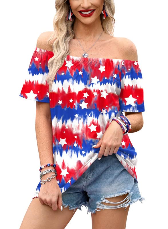 Photo 1 of For G and PL 4th of July Shirts Women American Flag Off The Shoulder Blouse Short Sleeve Patriotic Summer Top - M