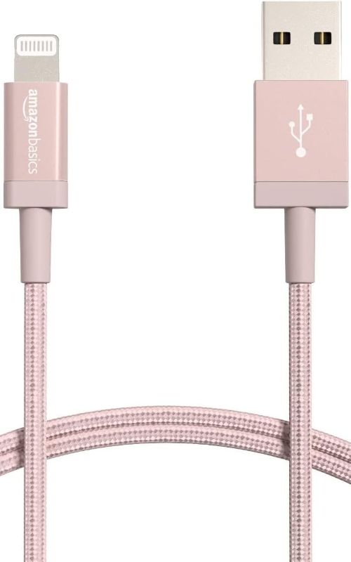 Photo 1 of 2 PACK - Amazon Basics USB-A to Lightning Charger Cable, Nylon Braided Cord, MFi Certified Charger for Apple iPhone 14 13 12 11 X Xs Pro, Pro Max, Plus, iPad, 3 Foot, Rose Gold
