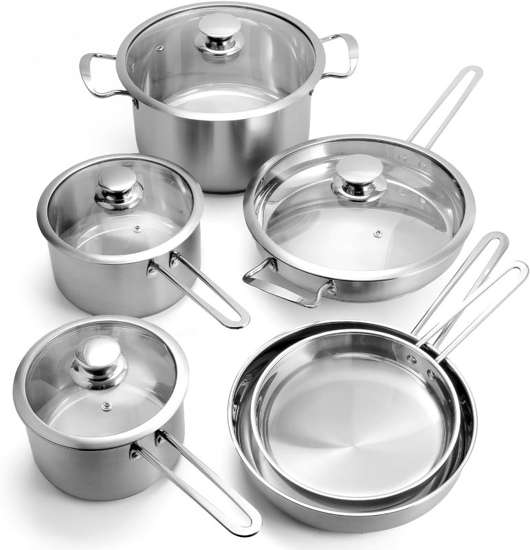 Photo 1 of 10-Piece Stainless Steel Pots and Pans Set, Kitchen Cookware Sets, Induction Pots and Pans, Cooking Set with Glass Lids, Frying Pans & Saucepan Compatible with All Stovetops
