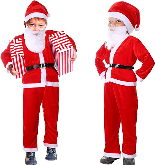 Photo 1 of JaGely 2 Set Boys Costume Suit with Santa Claus Belt, Beard, Hat, Christmas Kids Party Cosplay Suit for Boy 5-9 Years, Red, White
