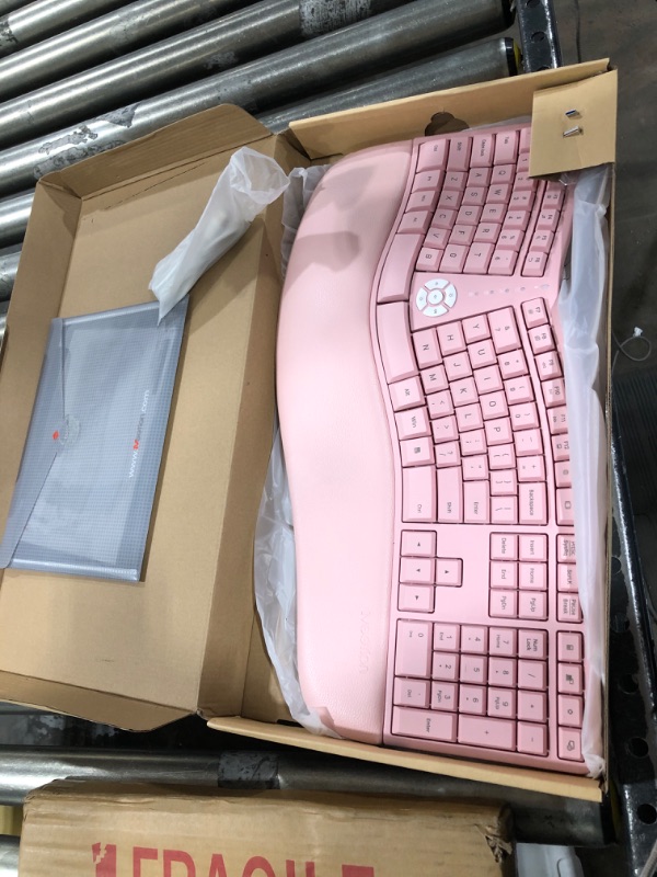 Photo 2 of MEETION Ergonomic Keyboard, Split Wireless Keyboard with Cushioned Wrist, Palm Rest, Curved, Natural Typing Full Size Rechargeable Keyboard with USB-C Adapter for PC/Computer/Laptop/Windows/Mac, Pink