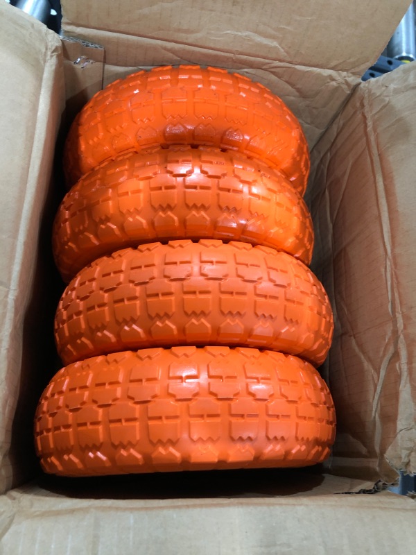 Photo 2 of 10" Flat Free Tires Solid Rubber Tyre Wheels?4.10/3.50-4 Air Less Tires Wheel with 5/8" Center Bearings?for Hand Truck/Trolley/Garden Utility Wagon Cart/Lawn Mower/Wheelbarrow/Generator?4 Pack, Orange 12.4 Pounds Orange