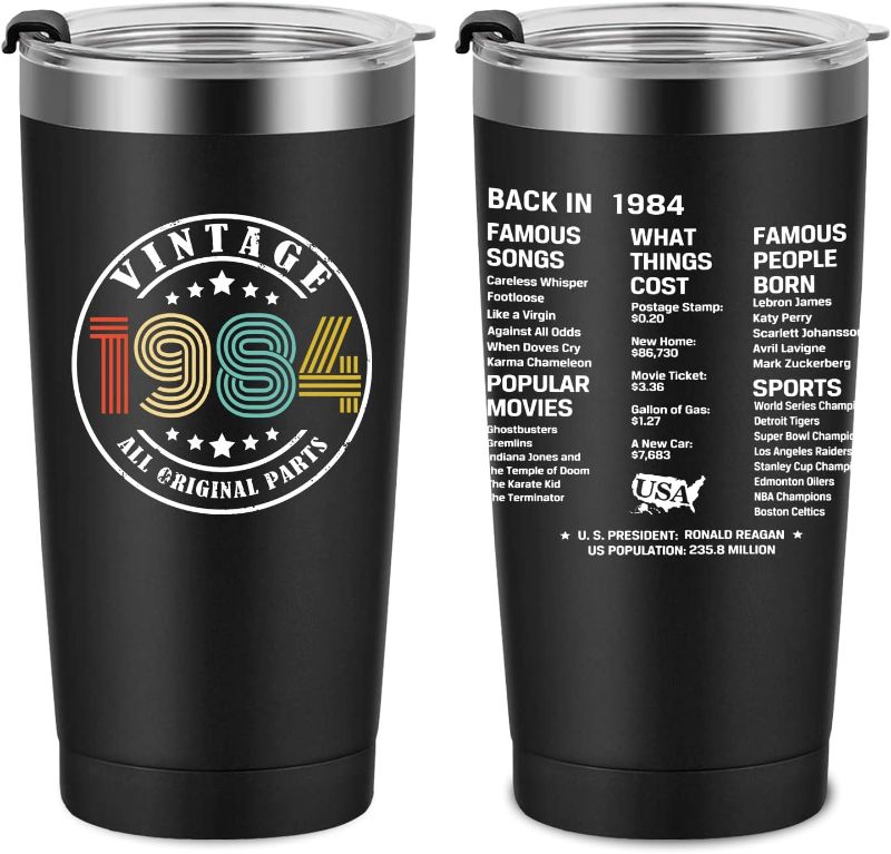 Photo 1 of 40th Birthday Gifts for Men Women Friends, Tumbler 20 oz Stainless Steel Vacuum Insulated Tumblers, Double Sided Printed Birthday Thermos cup, Back in 1984 Old Time Information - Black 