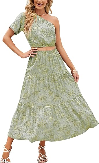 Photo 1 of COZYPOIN Women Summer 2 Piece Outfits One Shoulder Crop Top and High Waist Flowy Maxi Skirt Floral Boho Dress Size S