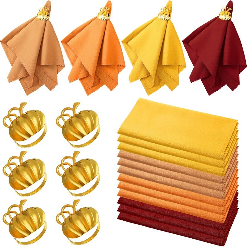 Photo 1 of 18 Pcs Fall Thanksgiving Cloth Napkins and Napkin Ring Holders 19 x 19 Fall Cloth Napkin Turkey Maple Leaf Pumpkin Napkin Ring Fabric Table Dinner Napkins Reusable for Thanksgiving(Pumpkin) 