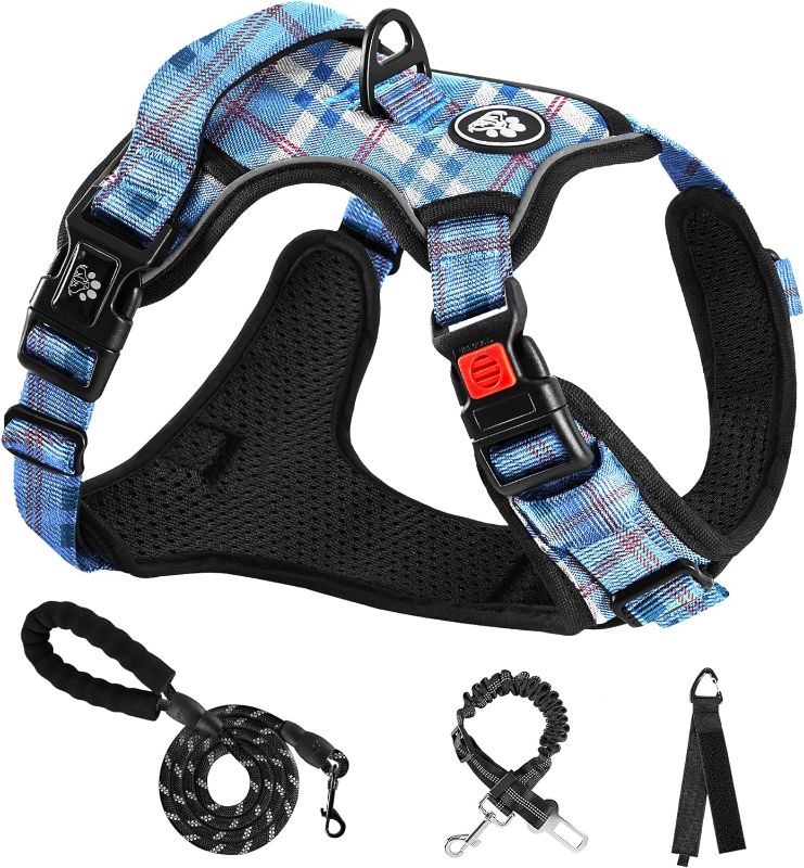 Photo 1 of  NESTROAD No Pull Dog Harness with Leash, Reflective No Choke Pet Vest Harness,Adjustable Soft Padded Dog Harness with Easy Control Handle for Medium Dogs(Checkered Blue,Medium) 