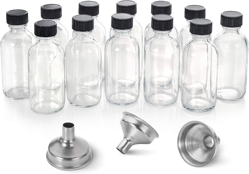 Photo 1 of 12 Pack, 2 oz Small Clear Glass Bottles with Lids & 3 Stainless Steel Funnels - 60ml Boston Sample Mini Travel Essential Bottles for Potion, Juice, Wellness, Ginger Shots, Whiskey, Liquids