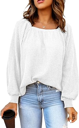 Photo 1 of Astylish Womens Square Neck Tops Casual Long Sleeve Waffle Knit Shirts Pullover Blouse  Size 2XL