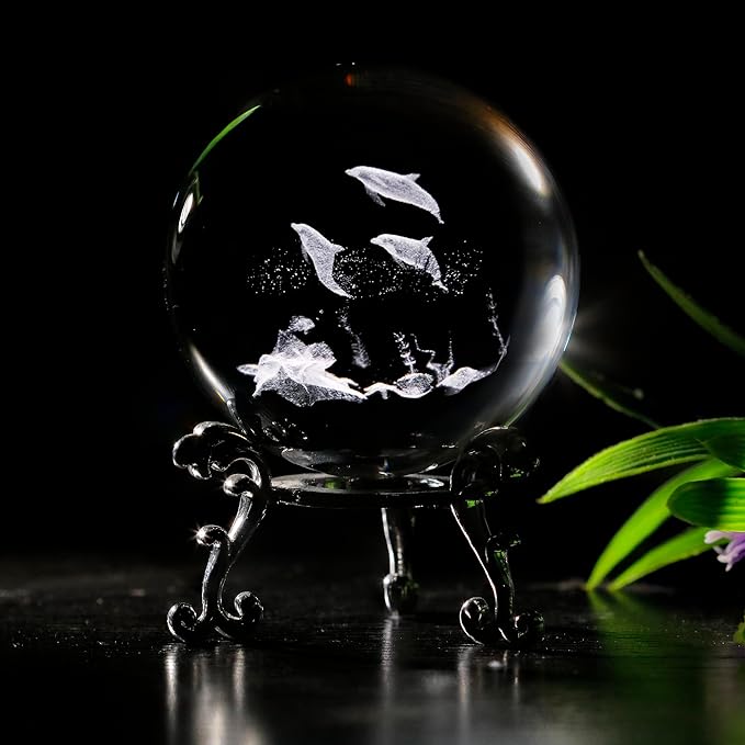 Photo 1 of 3D Laser Crystal Ball Paperweight Dolphins Figurines Glass Crystal Ball with Stand Gift 