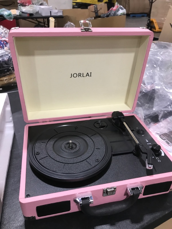 Photo 2 of JORLAI Record Player 3 Speeds Turntable with Bluetooth Built-in Battery Stereo Speakers Vintage Record Player Belt Driven Protable Suitcase PC Recording White