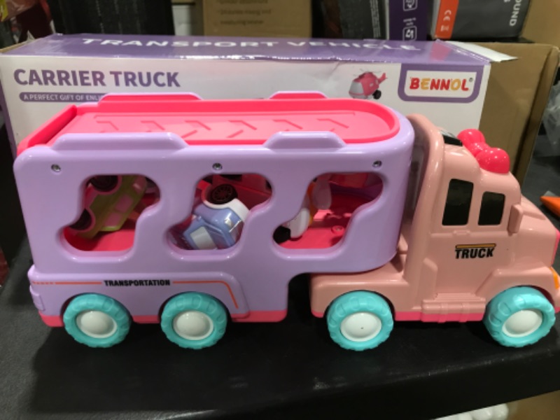 Photo 2 of Bennol Car Truck Toys for 1 2 3 4 5 Year Old Girls Toddlers, 7-in-1 Carrier Truck Toddler Girl Toys, Friction Power Toy Cars with Light & Sound, 1 2 3 4 5 Year Old Girls Birthday Toys Princess Trucks