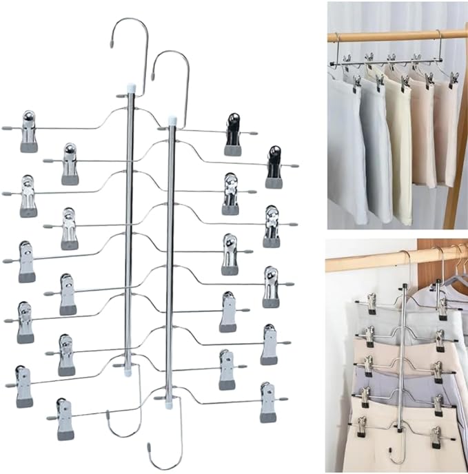 Photo 1 of 2 Pack Magic Pants Hangers Space Saving 5 Tier Metal Closet Organizer and Storage Hangers with Adjustable Gray Clips Non Slip Multifunctional Uses Clothes Organizer for Trousers, Slack, Skirt, Scarf